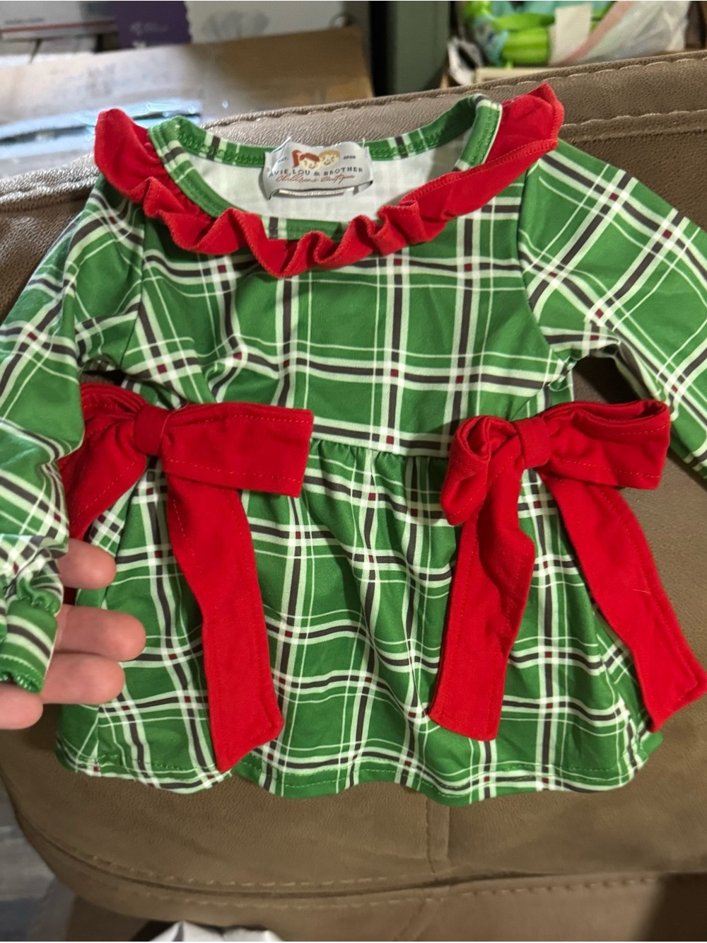 Green Plaid Ruffle Holiday Top with Red Bows